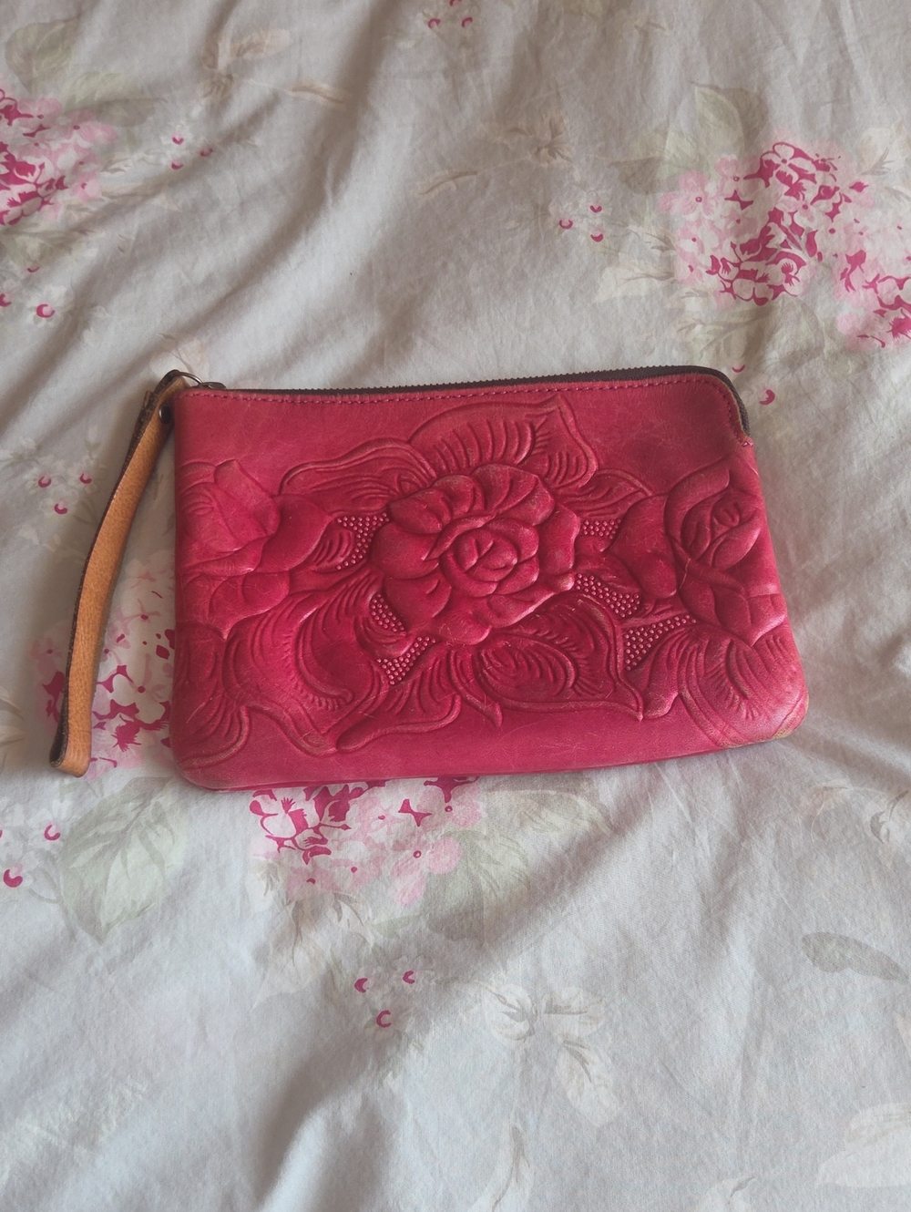 Patricia Nash Pink Embossed Floral Wristlet with Tan Strap